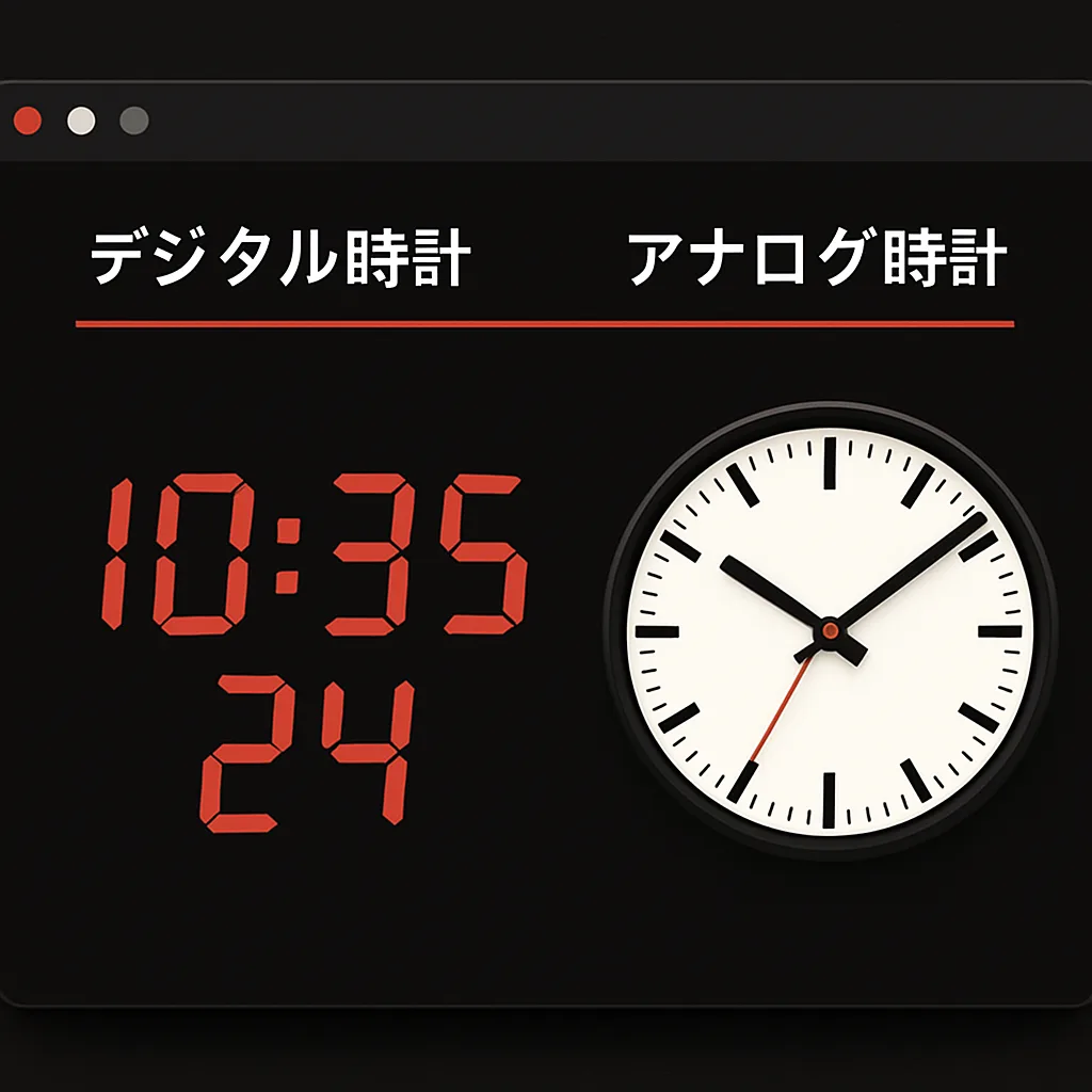 黒地に赤のデジタル時計を特徴とする洗練された日本スタイルの Web インターフェイス。正確な日本時間を提供する高速かつ無料のデジタル時計としてラベル付けされています。視覚的な比較のために、アナログ時計もその横に表示されます。